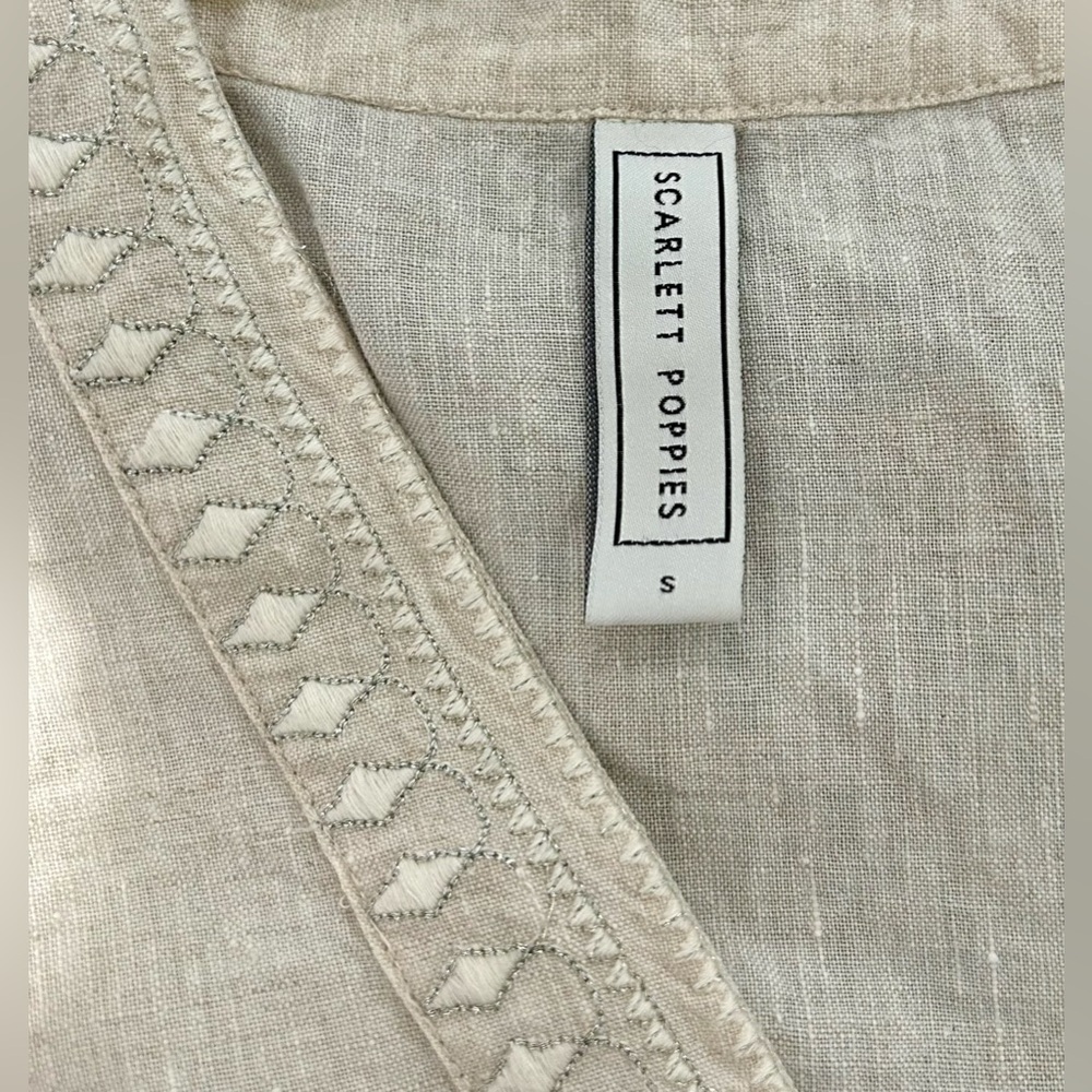 Scarlett Poppies -Elegant Embroidered Volume Sleeve Natural Linen Mini Dress - Picture 4 of 5